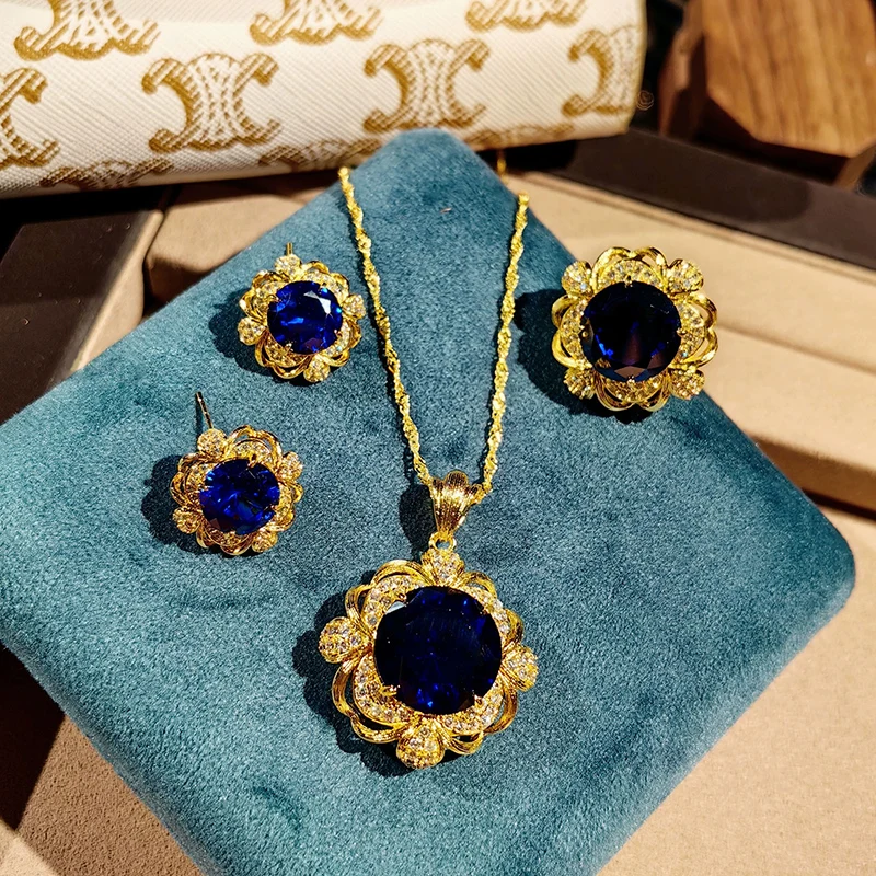 Luxurious Sparkling Zircon Blue Necklace Earring Ring Elegant Gold Color Flower Brushed Jewelry Set For Women KOFSAC