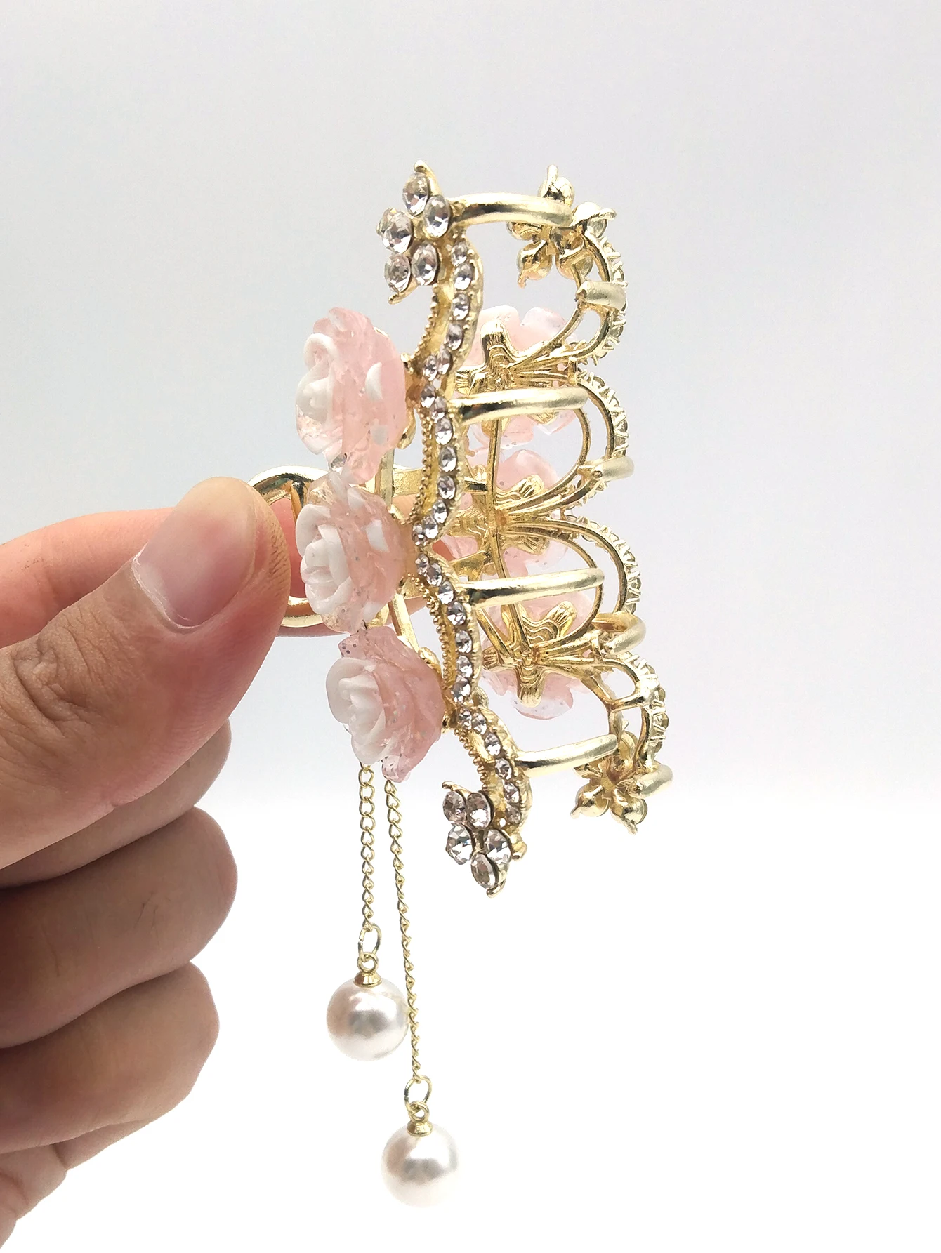 مخالب شعر أنيقة من اللؤلؤ على شكل زهرة كريستالية من Exqusite للنساء والفتيات ، إكسسوارات شعر على شكل ذيل حصان ، أزياء الحفلات ، 1: 1