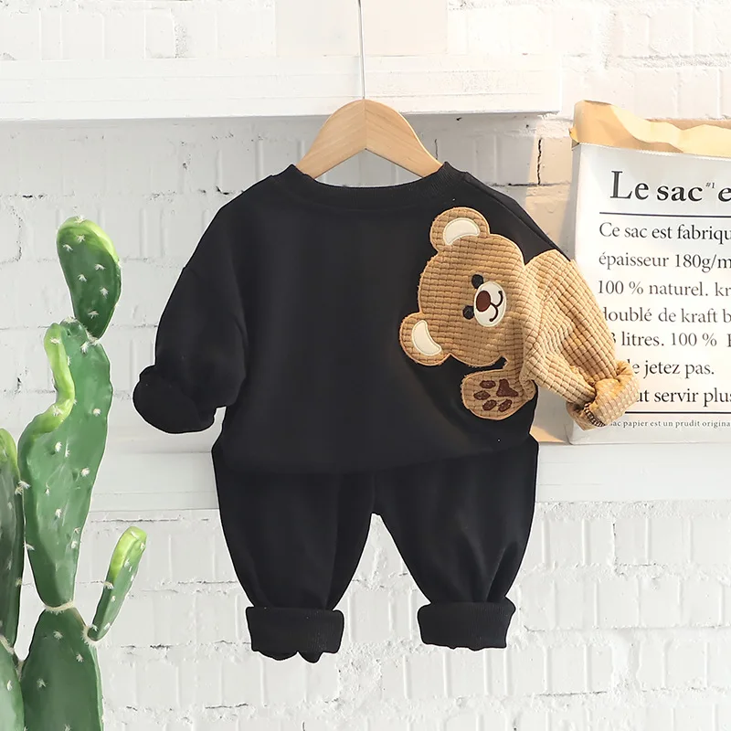 Spring and autumn baby cartoon bear long sleeve suit boys' letter cardigan jacket pants corduroy two-piece casual sportswear