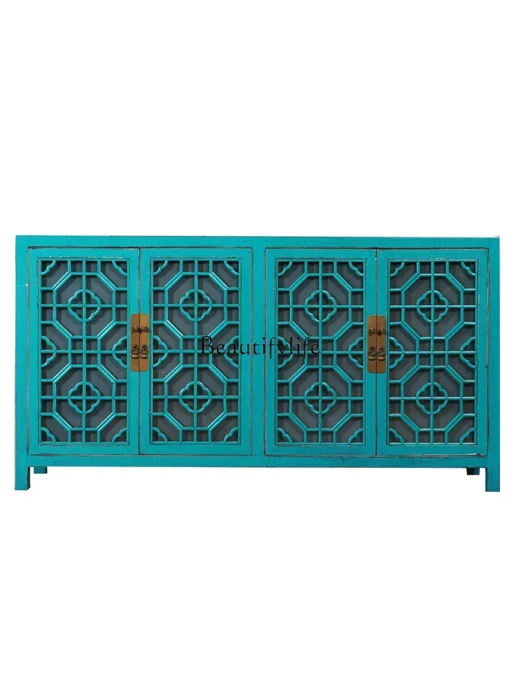 

New Chinese-style solid wood lattice door elm porch cabinet antique and old classical decorative storage cabinet