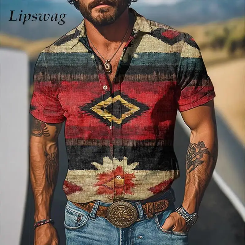 

Retro Pattern Printed Mens Shirts 2025 Summer Daily Casual Short Sleeve Buttoned Shirt For Men Outdoor Leisure Lapel Shirt Tops