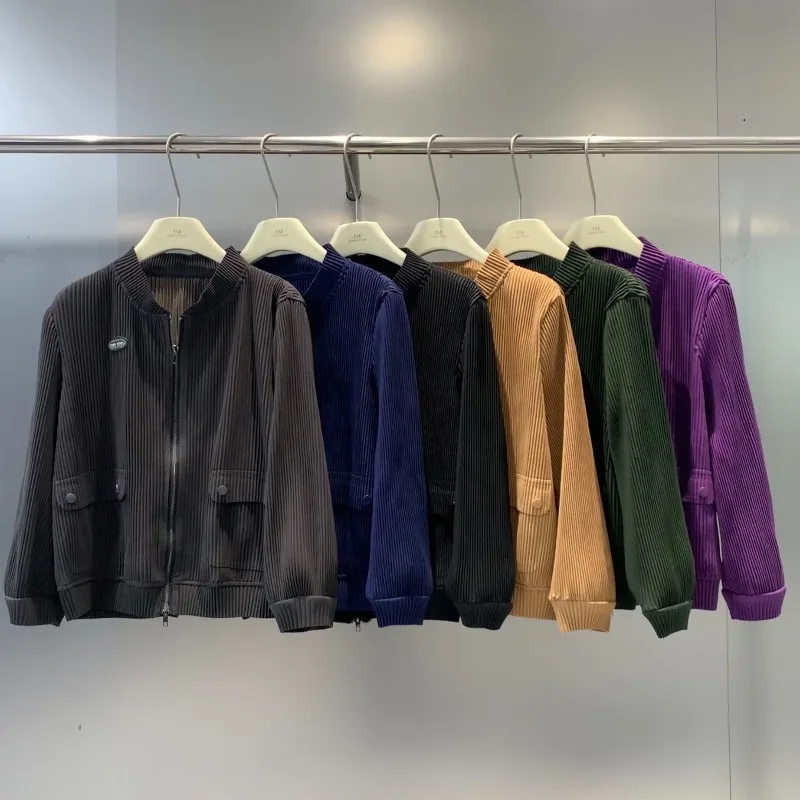 

Miyake Pleated Women's Jackets Fall Winter New Long-sleeved Round Neck Coat Simple Casual Sports Commuter Clothing with Pockets