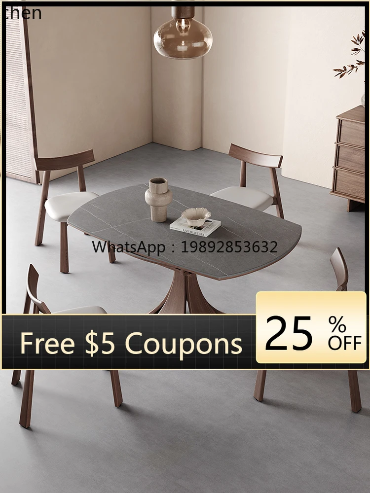

ZZ Solid Wood Folding Dining Table and Chairs for Small Families, Rock Board Extendable Convertible Round Table
