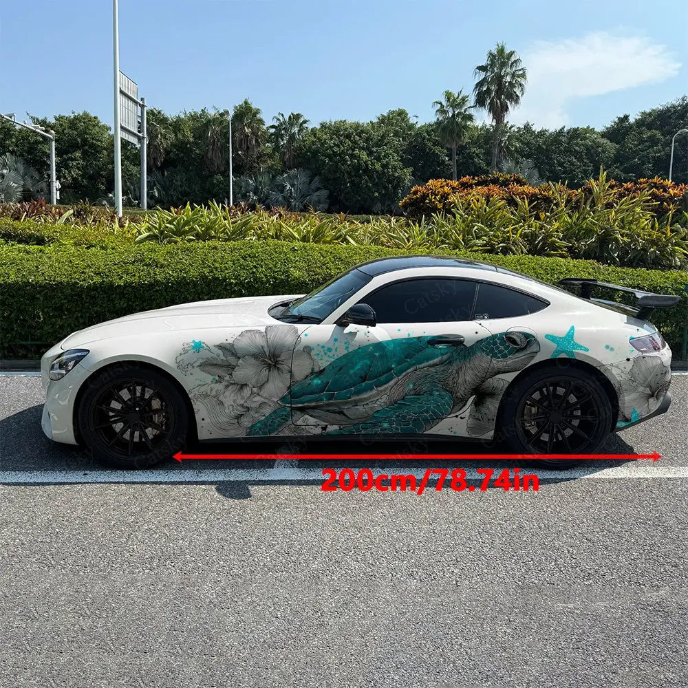 Blue Turtle Leaf Flower Car Side Wraps, Self-Adhesive PVC Waterproof & Scratch-Resistant Stickers, Car Accessory Gift