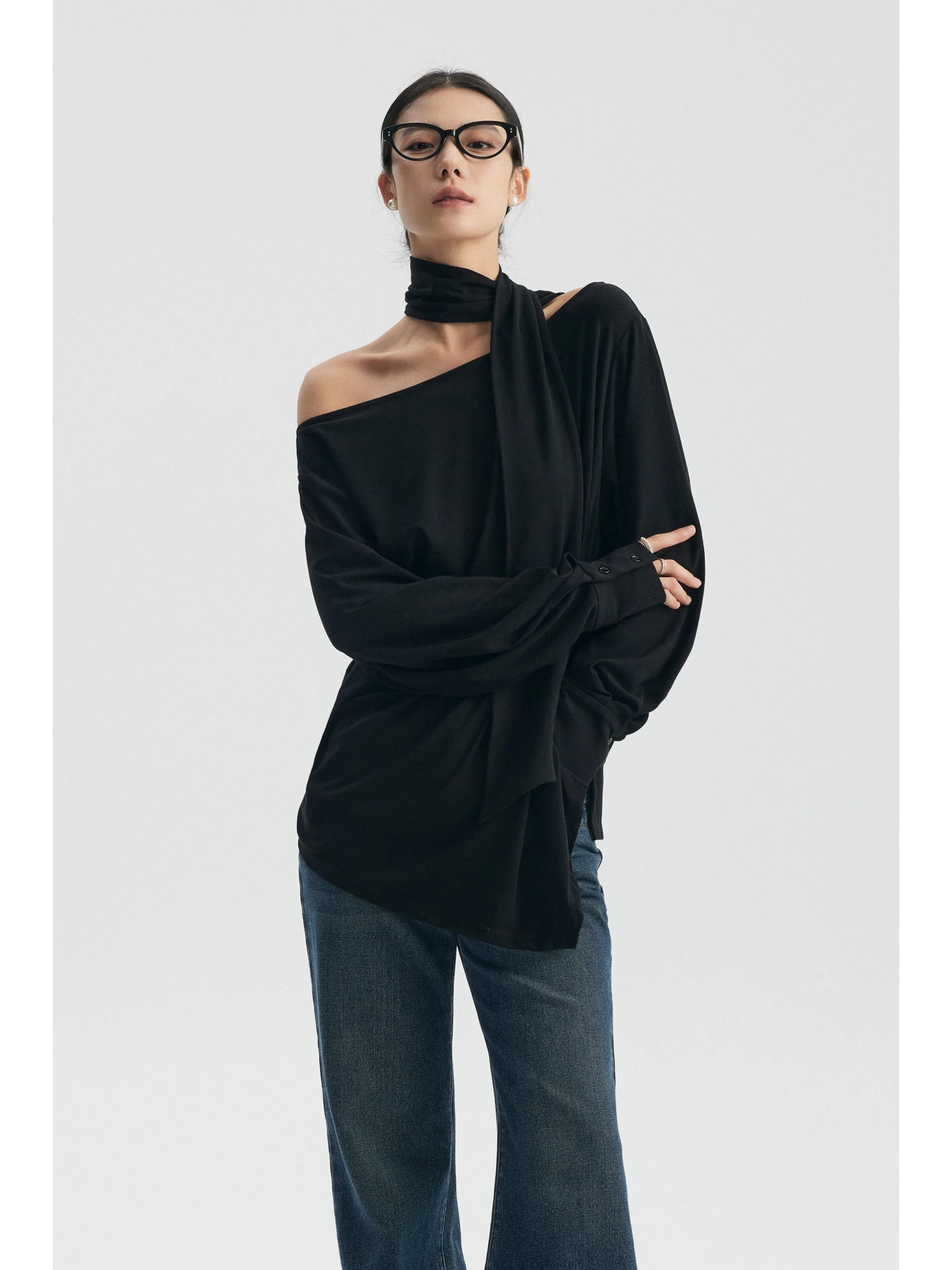 

owyee Lazy Sle oulder Bared Long Sve round Ne Loose T-irt Faionable Casual Wear Wool Blend Comfortable Autumn Top