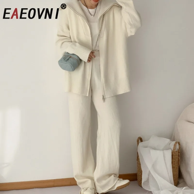 

EAEOVNI однотонный вязаный комплект из 2 предметов, женский повседневный свитер на молнии с лацканами, пальто + длинные брюки, мода 2025, осень-зима, новинка