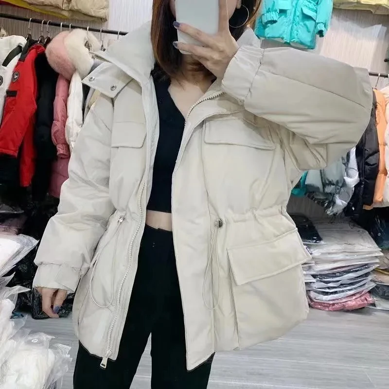 Winter Hooded Parkas Warm Jacket Women Down Cotton Coat Irregular Fluffy Bubble Drawcord Waist Outwear