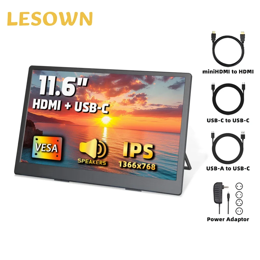 LESOWN Small USB-C Monitor 11.6 inch 1366x768 IPS HDMI LCD Screen Extended Auxiliary Display for TV Box PC Laptop Plastic Shell