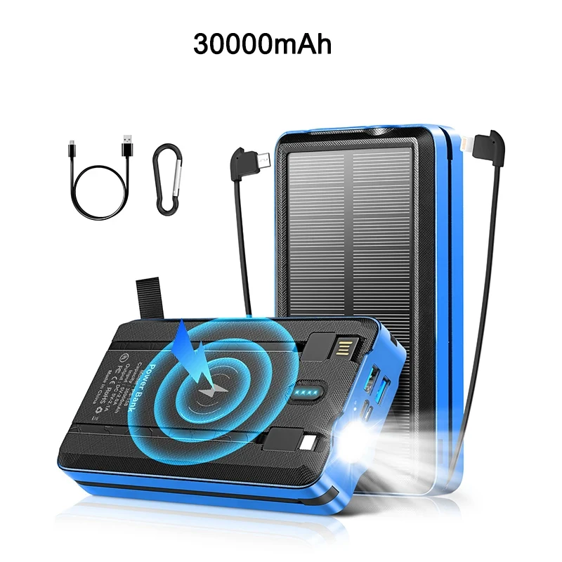 30000mAh Solar Power Bank Built in Cable Portable Charger Wireless Powerbank for iPhone 14 Samsung S22 Huawei Xiaomi 9 Poverbank