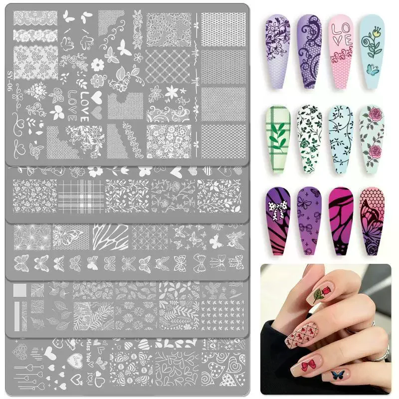1 Sheet Etched Nail Art Stencil High-Precision Bow Flower Lace Checkered Nail Decal Sheets For Reusable Manicure Transfer Tool