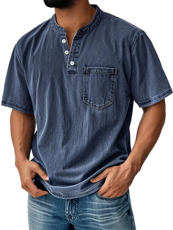 Men's Cotton-Like Short Sleeve T-Shirt Button-Up Cuban Style Casual Top Breathable Sweat-Wicking  Henry Collar Design