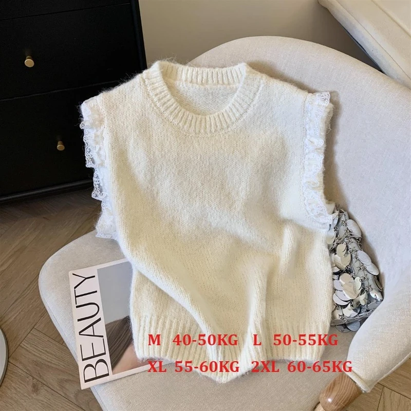 Women Sweater Vest Retro Patchwork Lace Knitted Solid Loose Sleeveless Vest High-quality Korean Soft Keep Warm Sweater Pullover