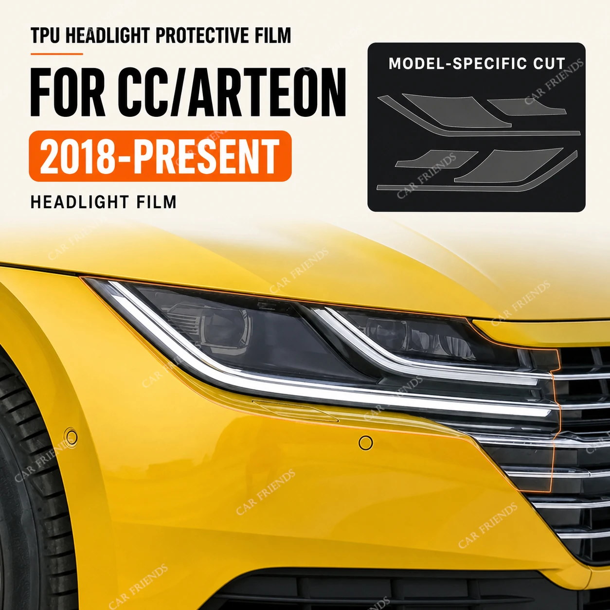 vw-ゴルフ7、シロッコ、パサートb8、テラモント、ビートル、cc用カスタムフィットtpuヘッドライト保護フィルムスモークブラック2枚