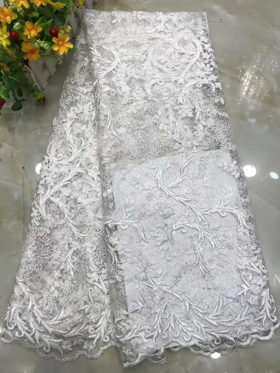 

French Mesh Lace Fabric Swiss Tulle Embroidery Sequins Craft Sewing Banquet Prom Party Wedding Dress 5 Yards DIY Trimming Bpodq