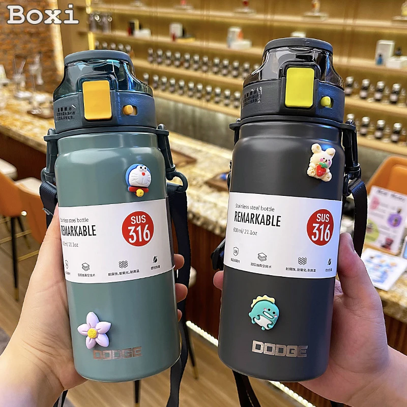 21oz 316 Stainless Steel Thermos Water Bottle For Girls With Straw Portable Strap Large Sports Thermal Insulated Vacuum Flask