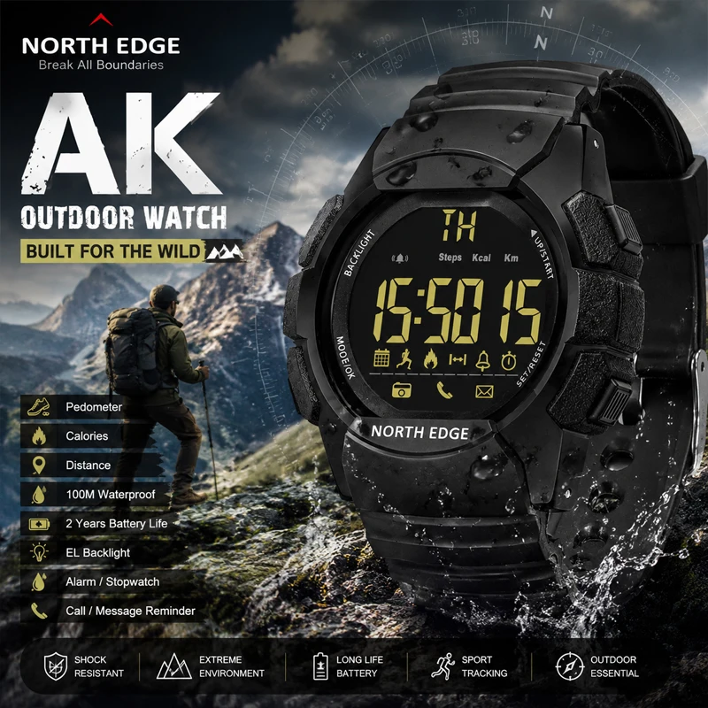 Men's Watch Military Water Resistant 100M NORTH EDGE Sport Watch Army Led Digital Wrist Stopwatches For Male For IOS Android New