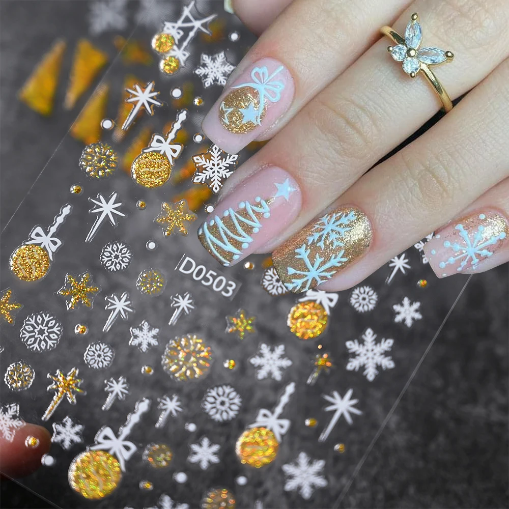 5D Oro Argento Lucido Glitter Palla di neve Campana Adesivi per unghie Simpatici fiocchi di neve di Natale Arco Stella Decalcomanie per unghie per la decorazione delle unghie di Natale fai da te ﻿