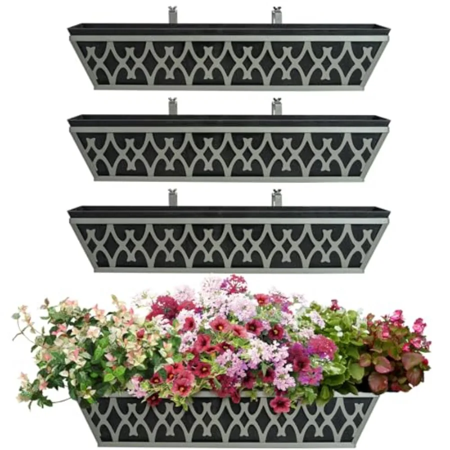 

4 Pack 24 Inch Window Boxes Planters Railing Planter Box with Adjustable Brackets Non-Woven Fabric Plant Grow Bags Deck Railing
