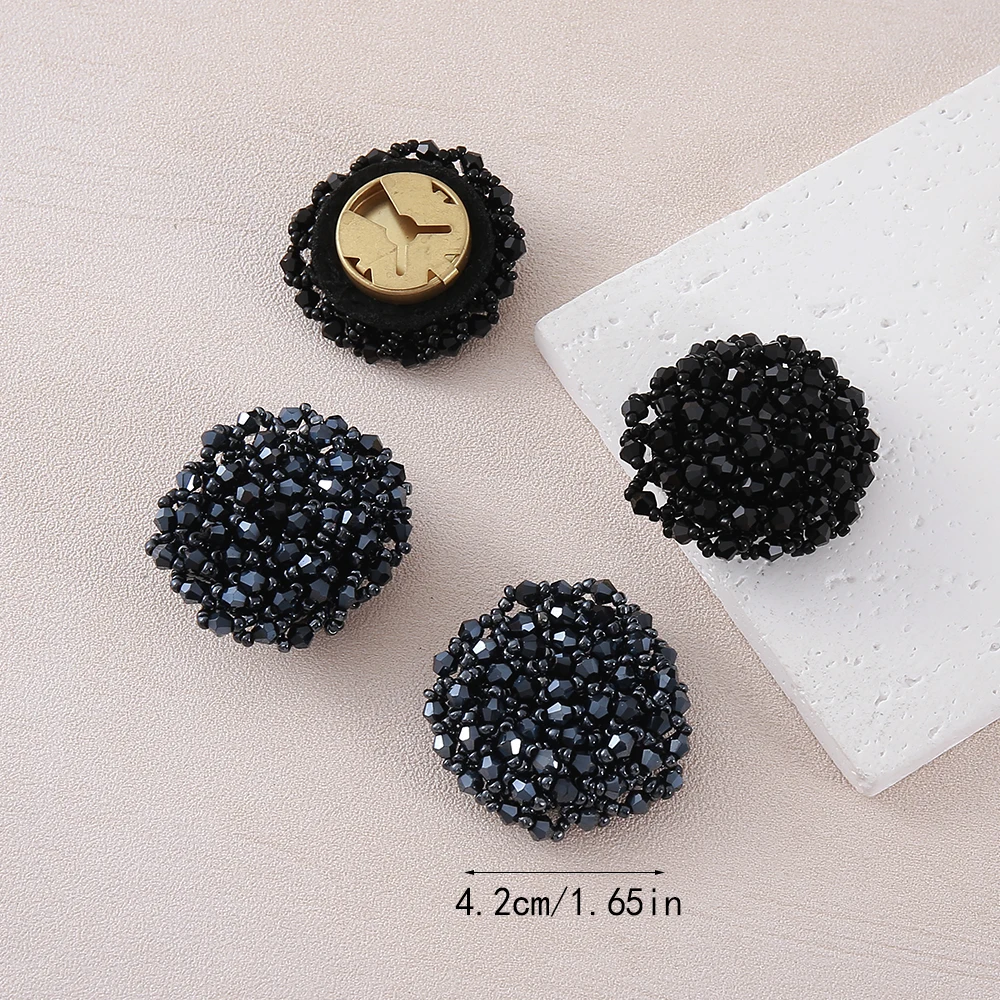 Vintage Hand Woven Black Crystal Bead Flower Brooch Invisible Anti-Gap Fixing Buttons For Women Blouse Dress Decor.