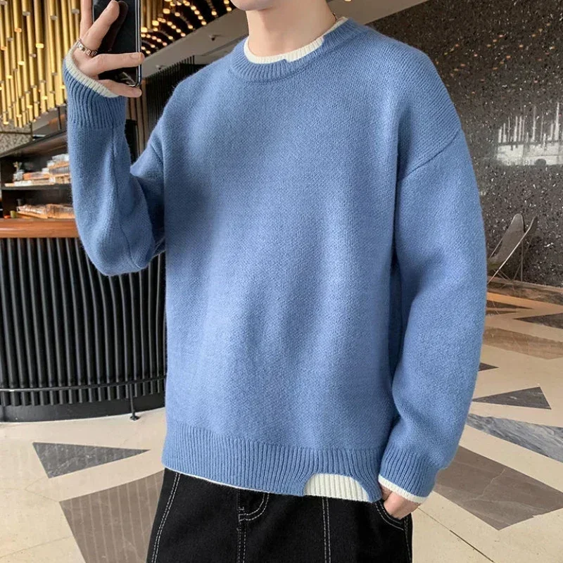 Knit Sweater Male Pullovers Round Collar Men\'s Clothing Crewneck Pink No Hoodie Spliced Warm Classic Knitwears Maletry Cotton X