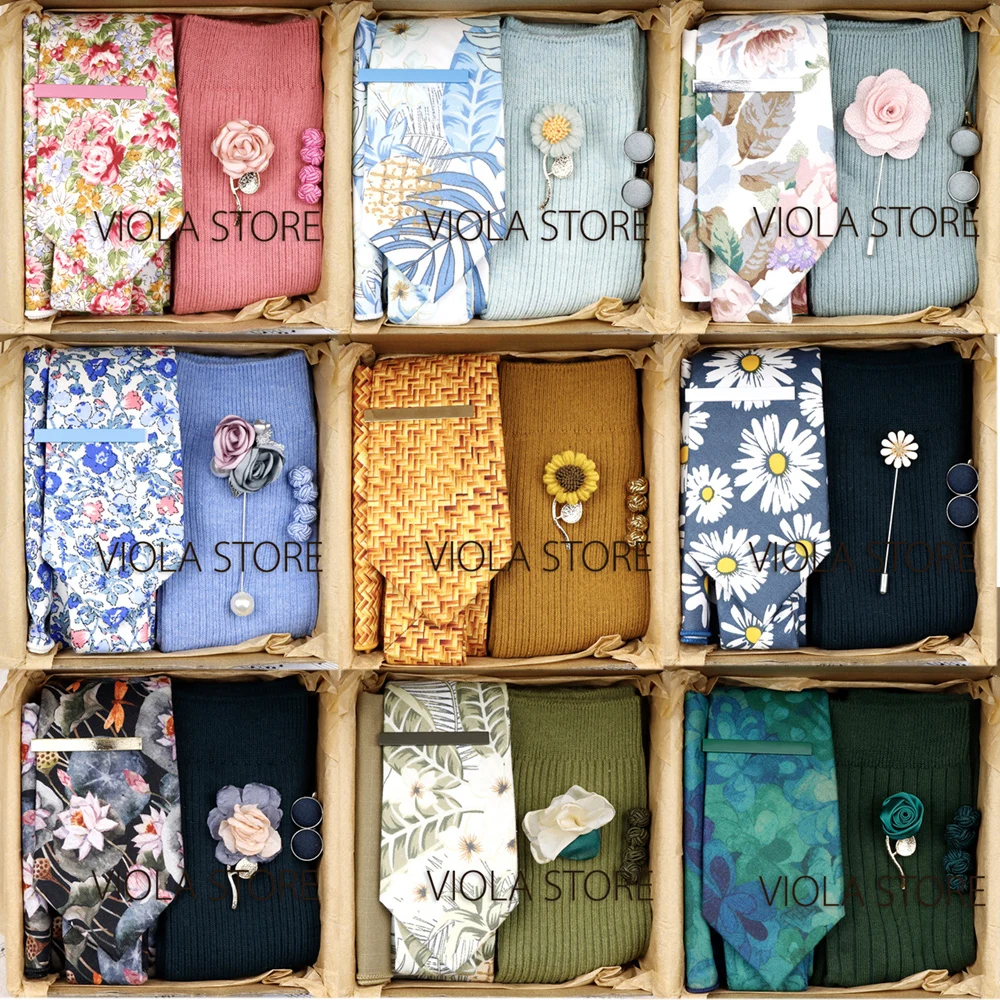 

Viola Design 6PCS Gift Box Floral Solid Cotton Sock Tie Sets Clip Pin Cufflinks Hankie Men Wedding Party Daily Cravat Accessory