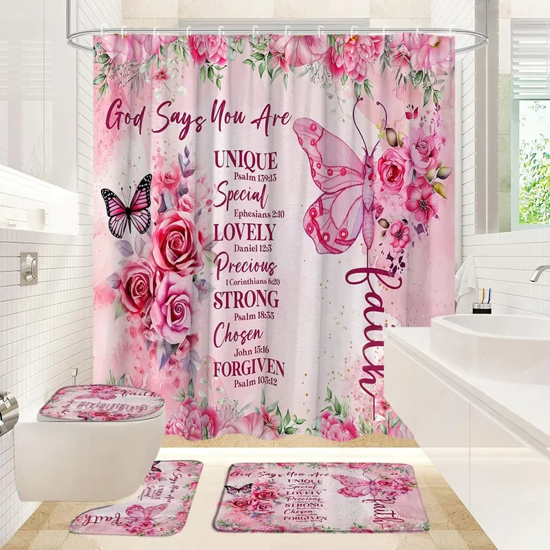 4Pcs Butterfly Shower Curtain Floral Plants Hummingbird Inspirational Quotes Glitter Bathroom Decor Set Curtain Rug Toilet Cover