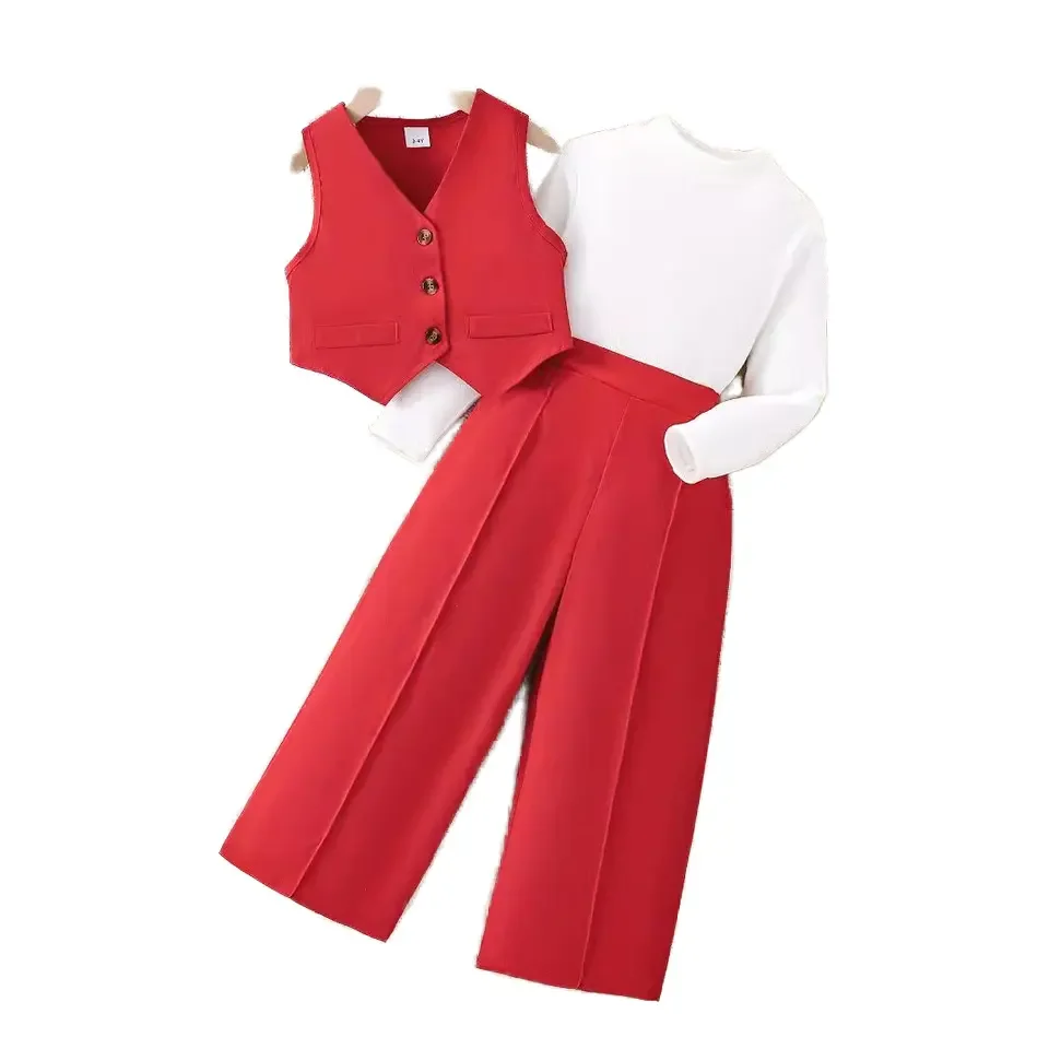 

Детский милый красный/розовый костюм-тройка с высоким воротником, майкой, жилетом, брюками, модный ансамбль для детей от 3 до 10 лет