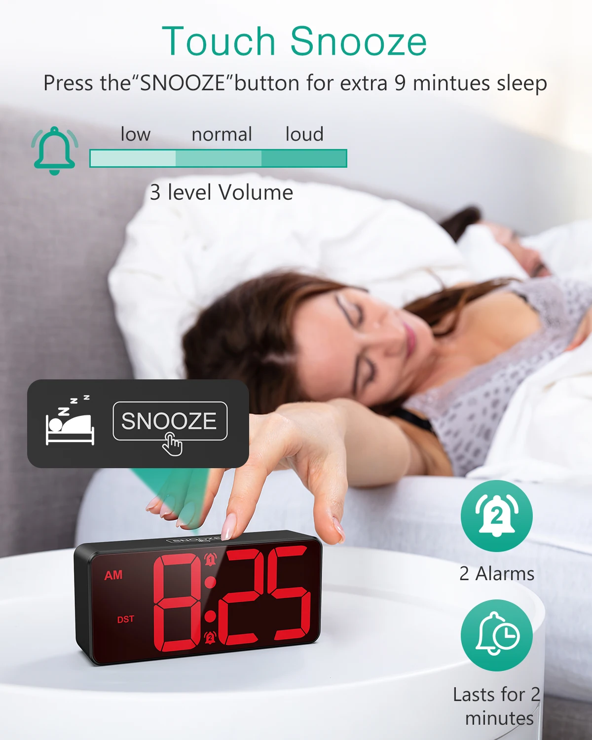 ORIA Digitaler Wecker, batteriebetriebener LED-Wecker, großes Display, kleine Uhr mit Dual-Alarm, DST, Schlummerfunktion für das Heimbüro – Detail 7