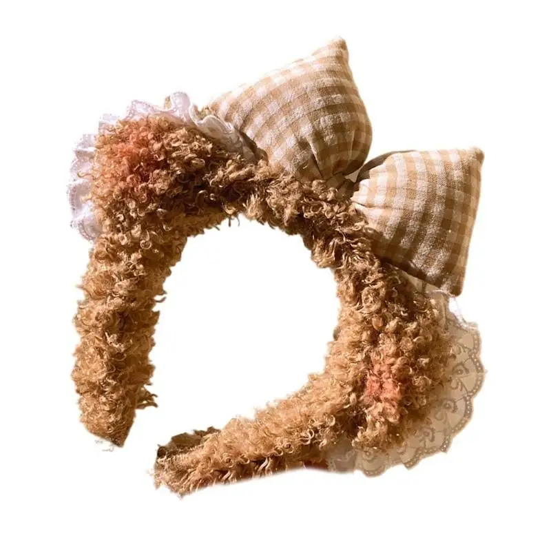 

652F Bowtie Bear Ear Headband Cartoon Plush Hairband Family Gathering Party Headwear