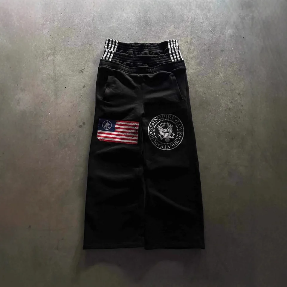 

Oversized Black Streetwear Shorts with American Flag & Eagle Graphic Men's 2025 New Hip Hop Casual Sweat Shorts Fashion Bottoms