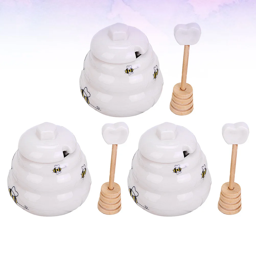 

3Pcs Ceramic Honey Pot Set Creative Bee Pattern Kitchen Storage Jar with Lid Dipper Convenient Honey Jar Decoration