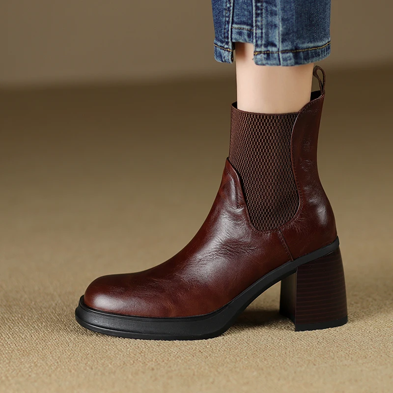 

Genuine Leather Retro Round Toe Elastic BandThick-Soled High Heel 2025 New Black Short Boots Woman Chelsea Shoes Ankle Boots