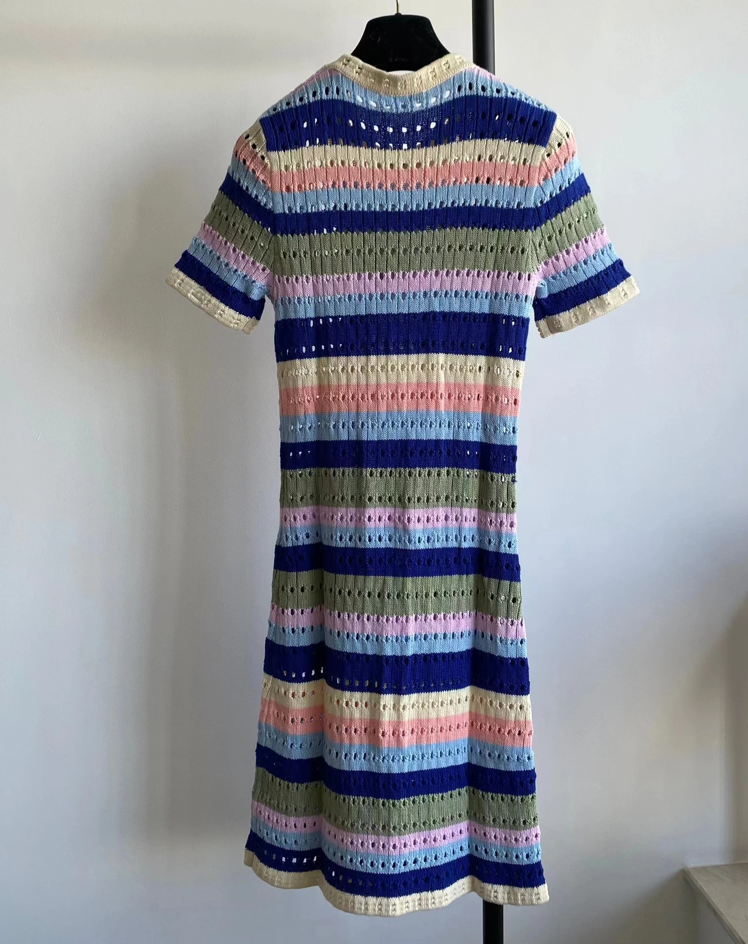 

24 Summer New Short sleeved Knitted Dress Slim Fit Round Neck Contrast Stripe Hollow out Long Dress