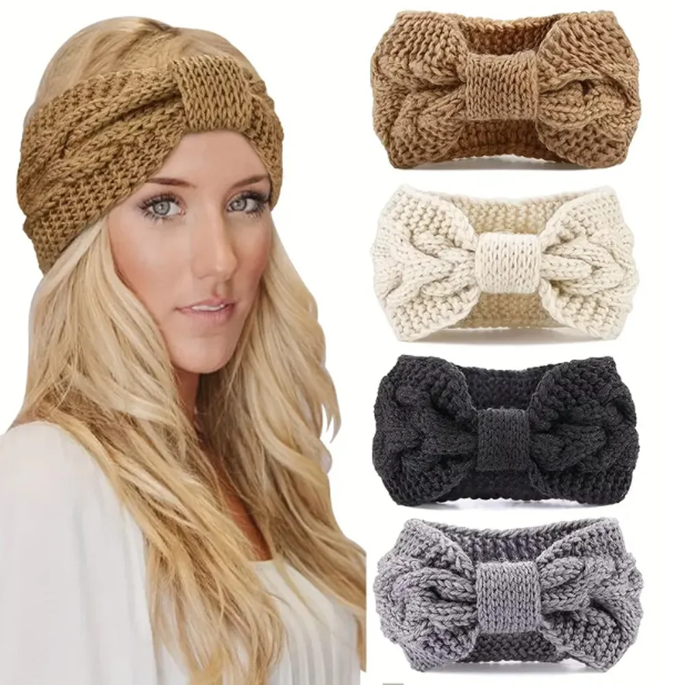 Winter Ear Warmer Wide Hairband For Women Knitting Wool Crochet Turban Headwrap Bow Twist Elastic Hair Band Hair Accessories