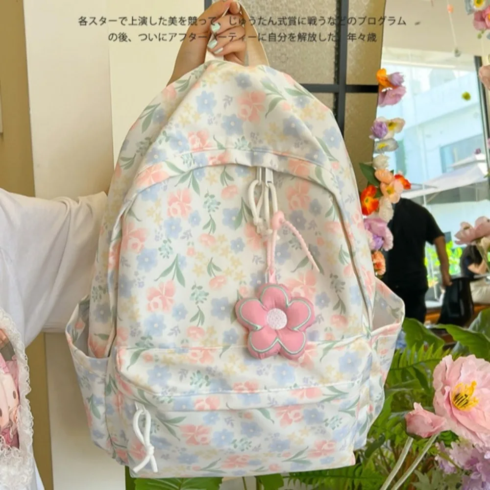 

Strawberry Flower Sweet Style Backpack Large Capacity Storage Bag Students Flower Schoolbag With Pendant Ins Style