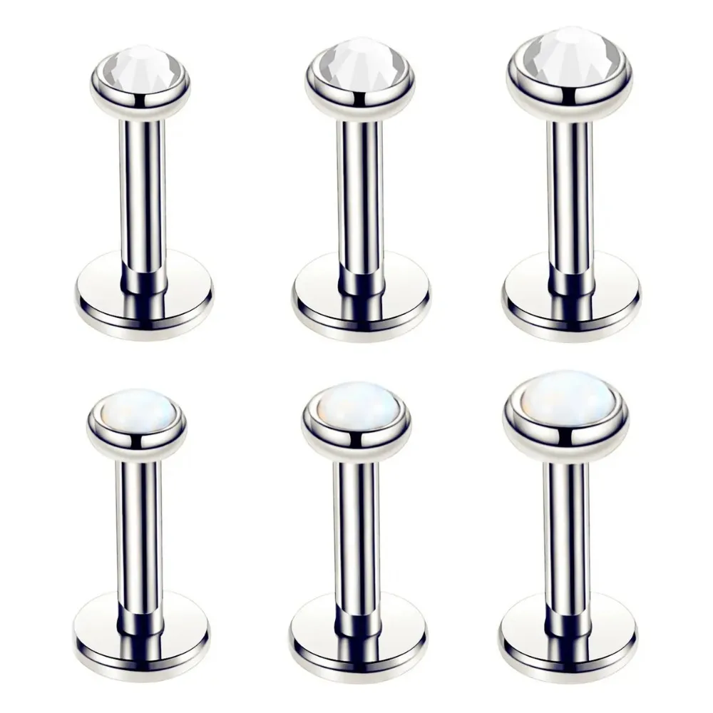 6pc 3/4/5mm Opal Gem Internally Threaded Labret Stud Steel 6mm - 12mm Bar Ear Monroe Lip Ring Piercing Jewellery Set
