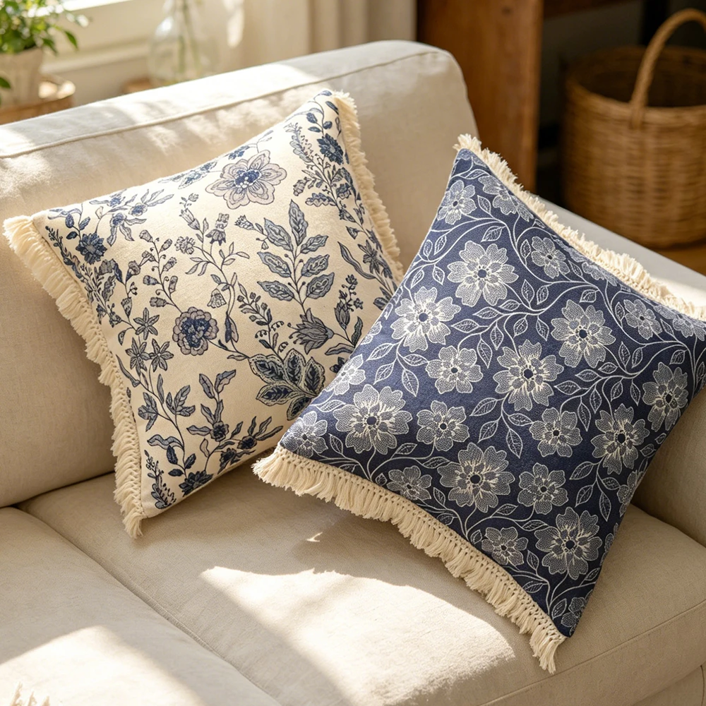 BUYNOW 1PC Leaf Printed Pillowcase 45x45cm Pillowcases With Soft Tassels Cushion Cases for Couch Bedroom Living Room Home Decor