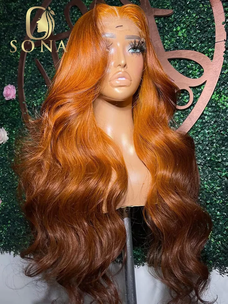 2 Colors Orange Ginger 13X6 HD Transparent Lace Frontal Wigs Ombre 613 Blonde Brown Red Highlight Wavy Human Hair Wigs For Women