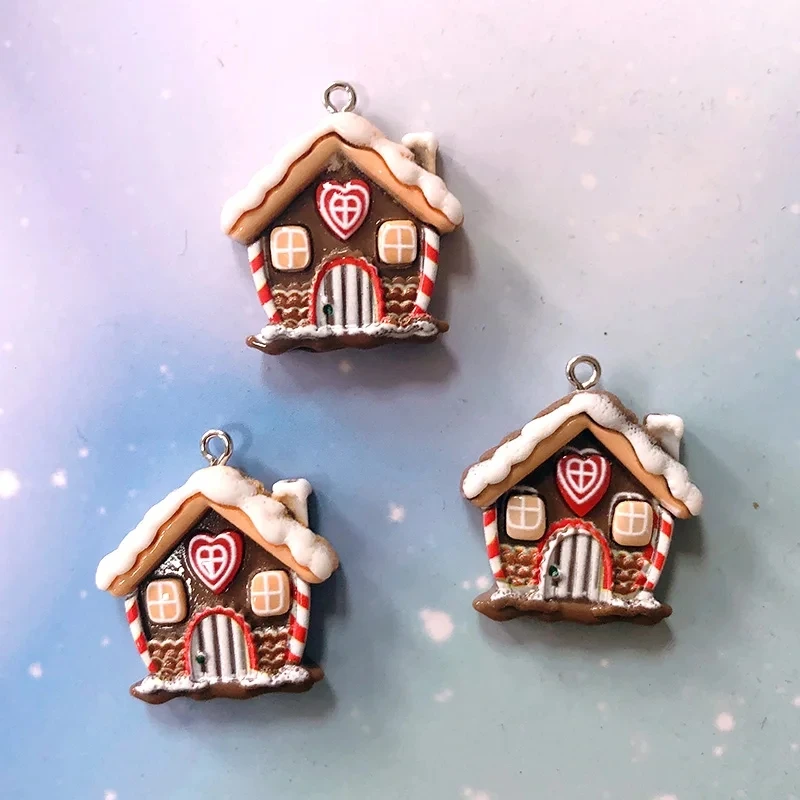 10pcs Christmas Snow House Resin Charms Kawaii Cartoon Pendant For Earring DIY Jewelry Making Accessories 26mm