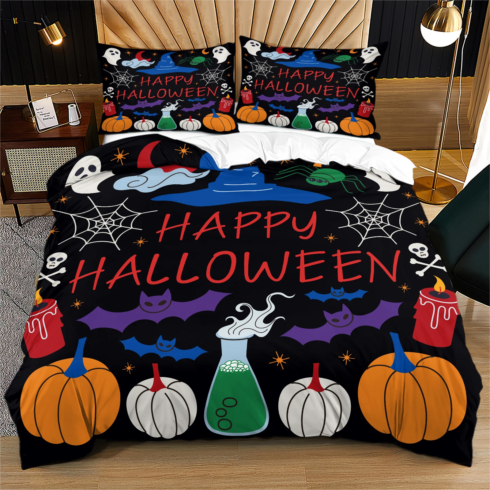 Happy Halloween Duvet Cover Set Black Halloween Themed Bedding With Pumpkin Witch Hat Ghost Print All‑Season Bedroom Decor