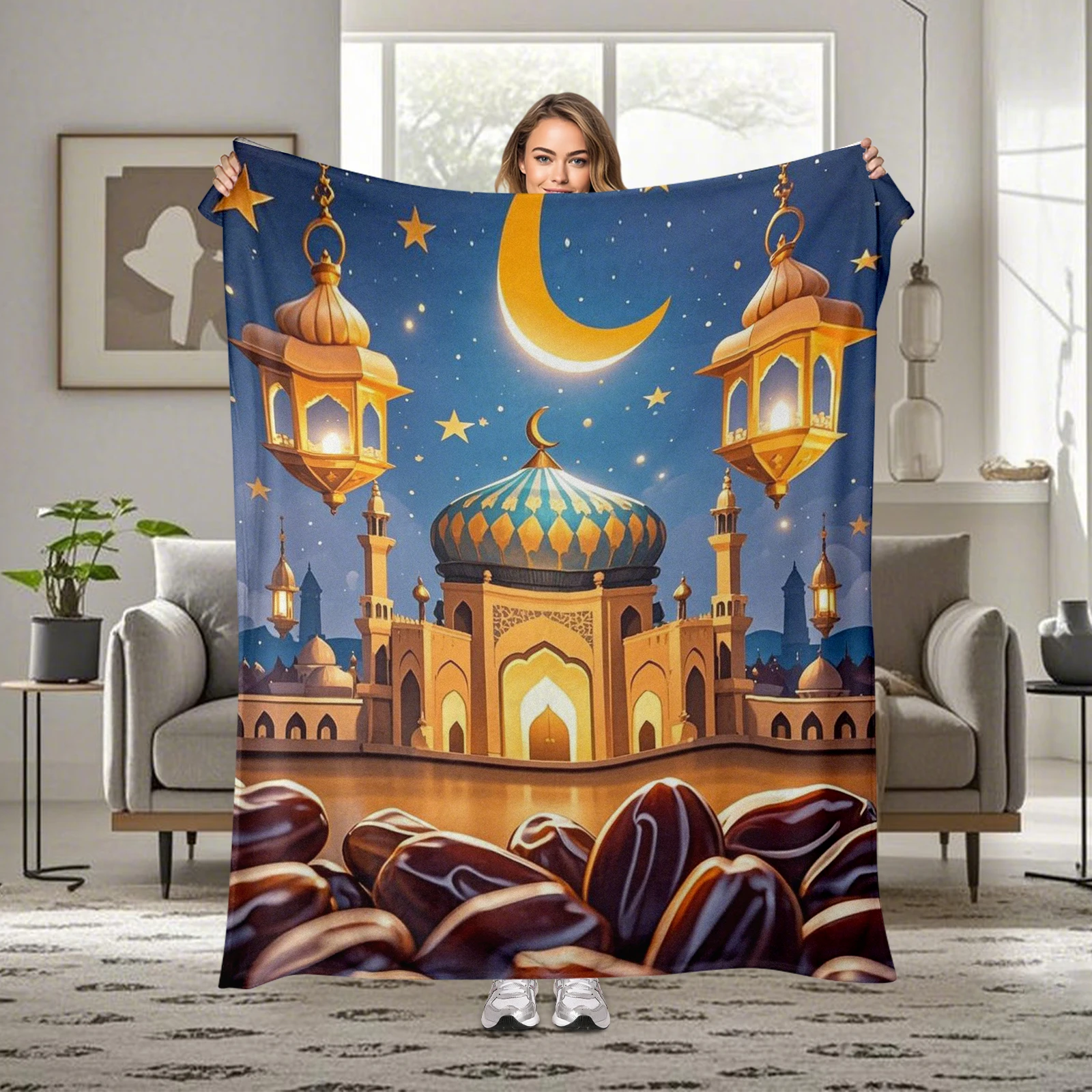 Family Oriented Ramadan Blanket Featuring Cartoon Mosque Dates Moon And Lantern Encouraging Cultural Appreciation