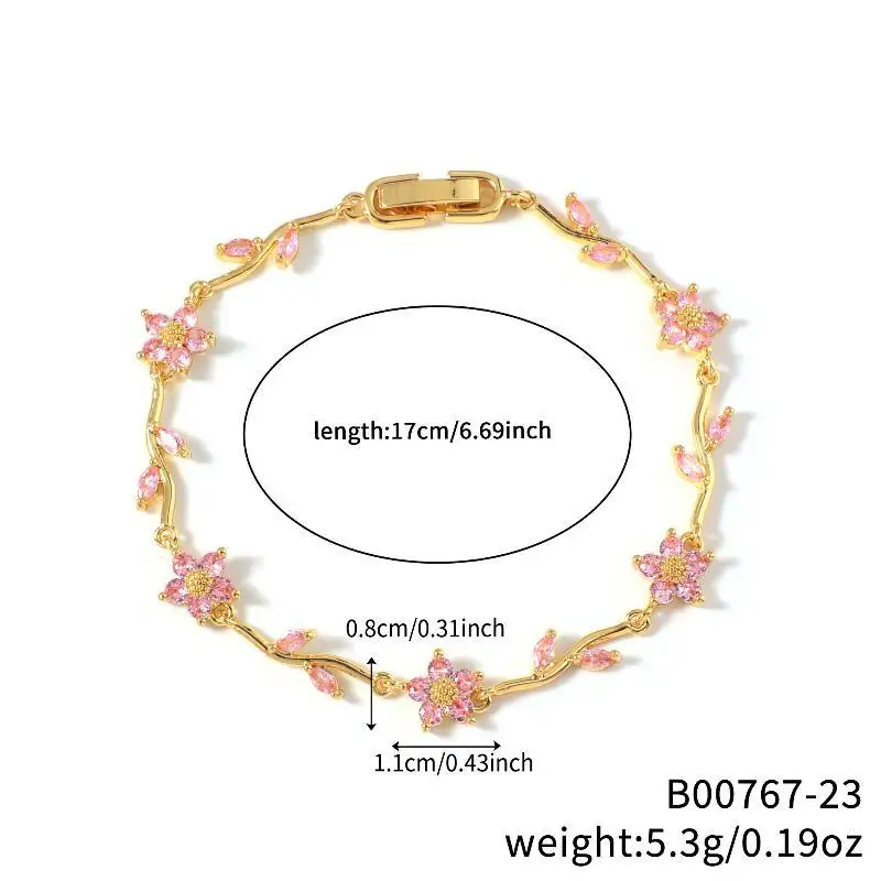 1PCS Five Red Pink Little Flowers Rhinestone Leaves Shape Bracelet Temperament Light Luxury Copper Plated Gold Women Bangle