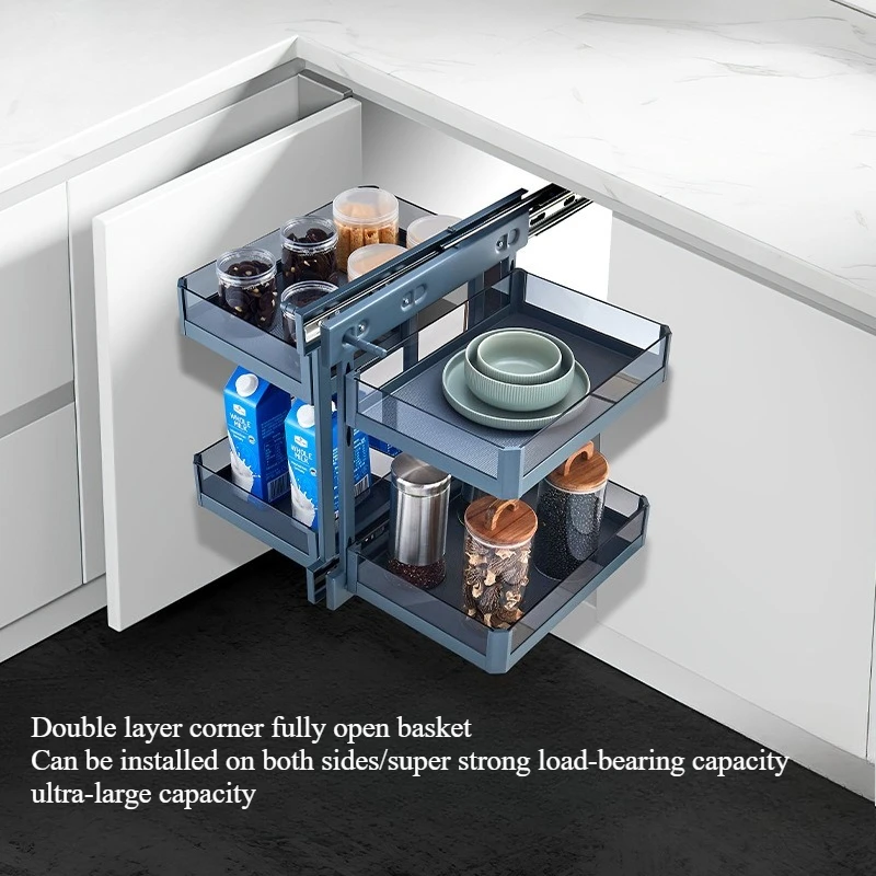 All Pulled Out Kitchen Cabinets Corner  Storage Drawers Seasoning Bowls and Dishes Basket Cookware Basket Seasoning Storage Rack