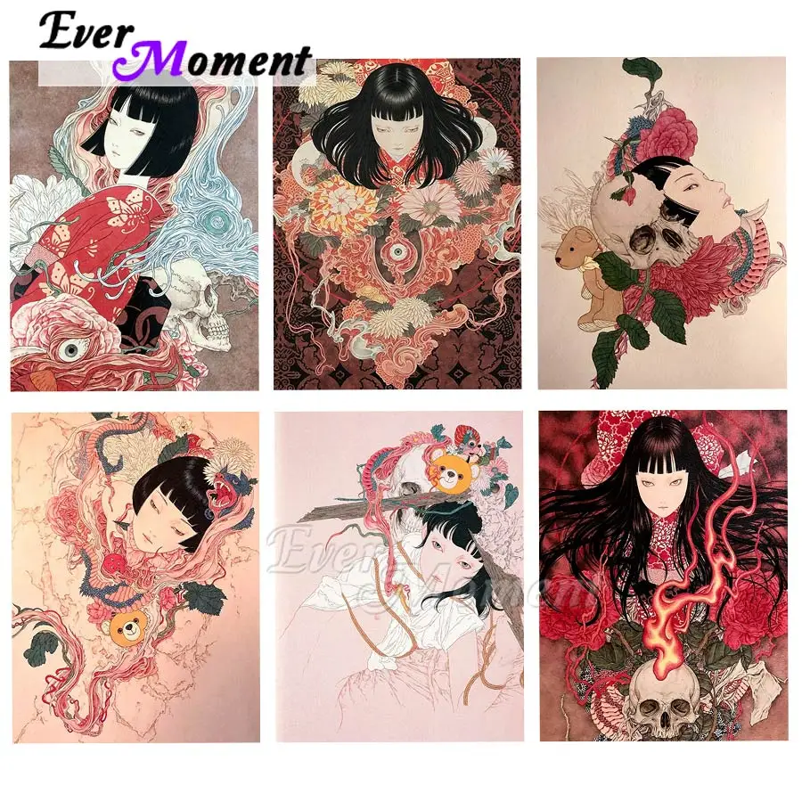 

Ever Moment Diamond Painting Japanese Manga Embroidery Art Fantasy Scary Skull And Skeleton Flowers Pink Cool Girl 5D ASF2338