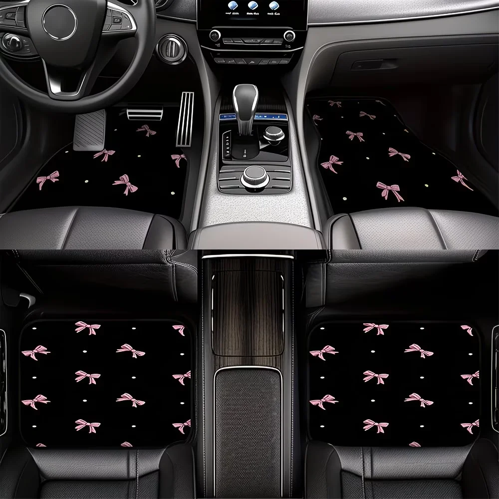 Four-Piece Set of Pink Bow-Knot Polka Dot Pattern Car Floor Mats, Suitable for Sedans or Crossovers, Offering Both Practicality and Easy Maintenance, as Well as a Great Choice for Gifts, and Can Also Adapt to Off-Road Vehicles and Various Styles