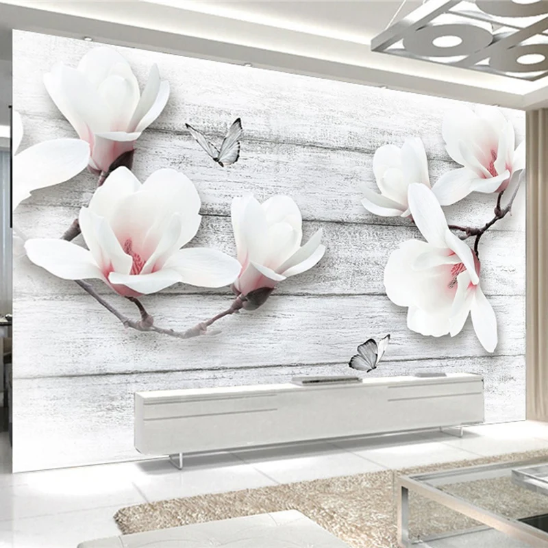 custom 3d Wallpaper white Magnolia Flowers Butterfly Wood Grain Mural Living Room TV Sofa Background Wall bedroom dining room 8d