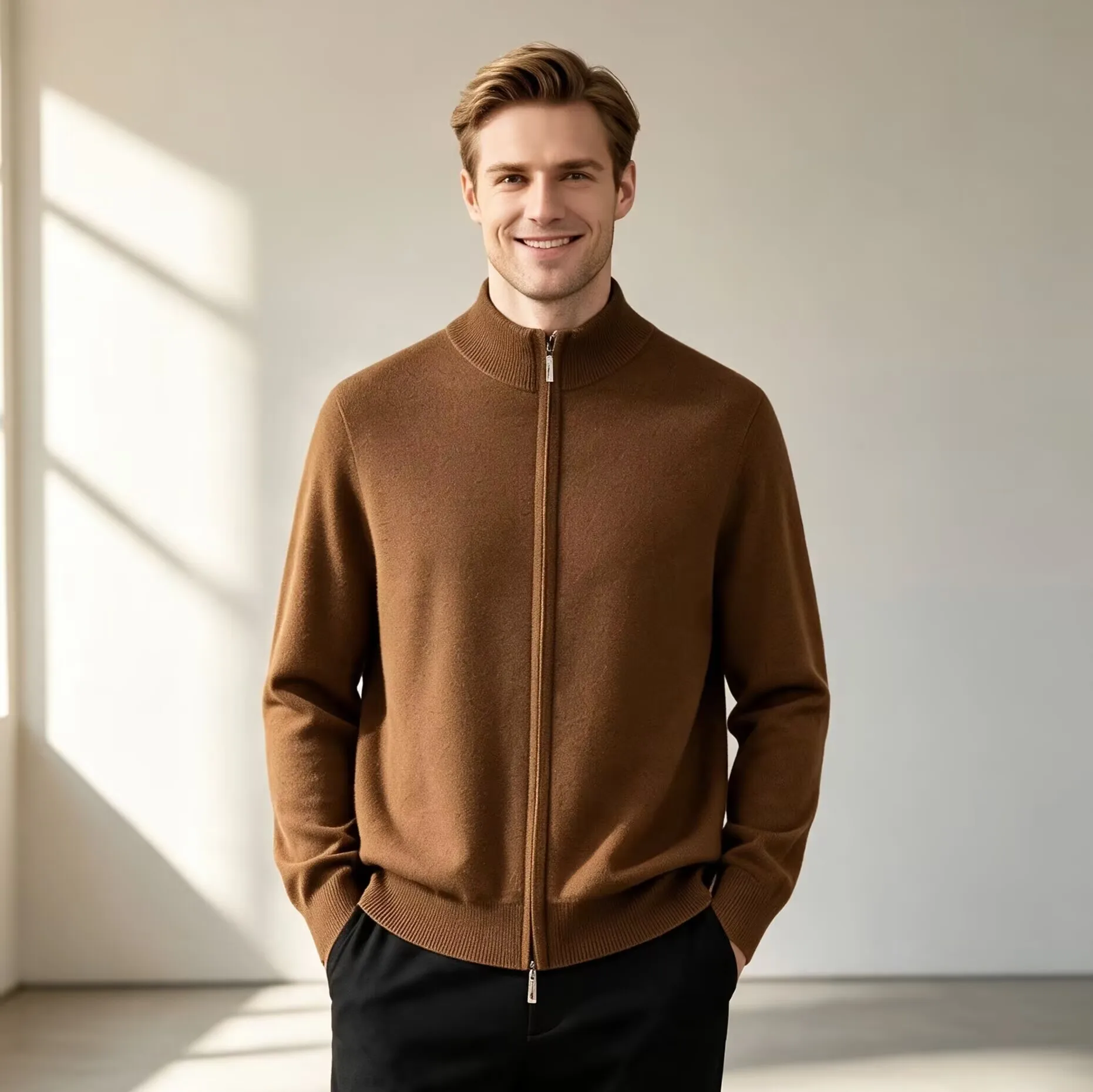 Men Full Zip‑Up Stand Collar Knitted Sweater Autumn Winter Solid Color Casual Knit Cardigan Male Warm Soft Long Sleeve Outerwear