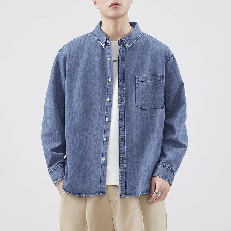 American Vintage Casual Washed Cotton Denim Shirts for Men Drop Shoulder Oversize Loose Long Sleeve Top Coats 2024 Autumn Winter