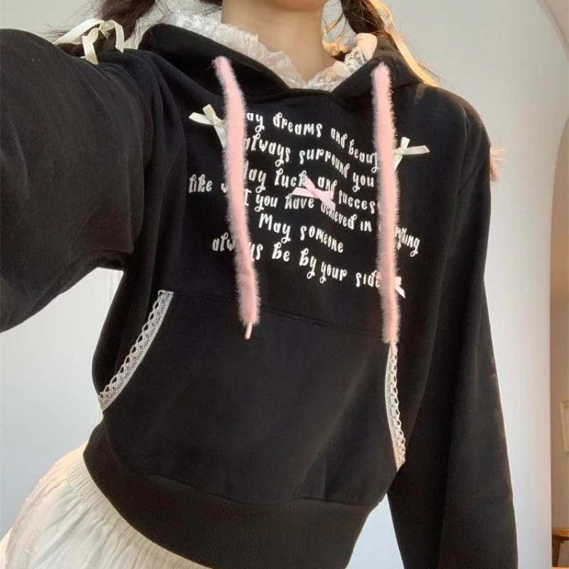 Deeptown Sweet Lace Bow Hoodies Women Black Shoujo Girl Aesthetic Kawaii Pullovers Preppy Style Oversized Letter Sweatshirts