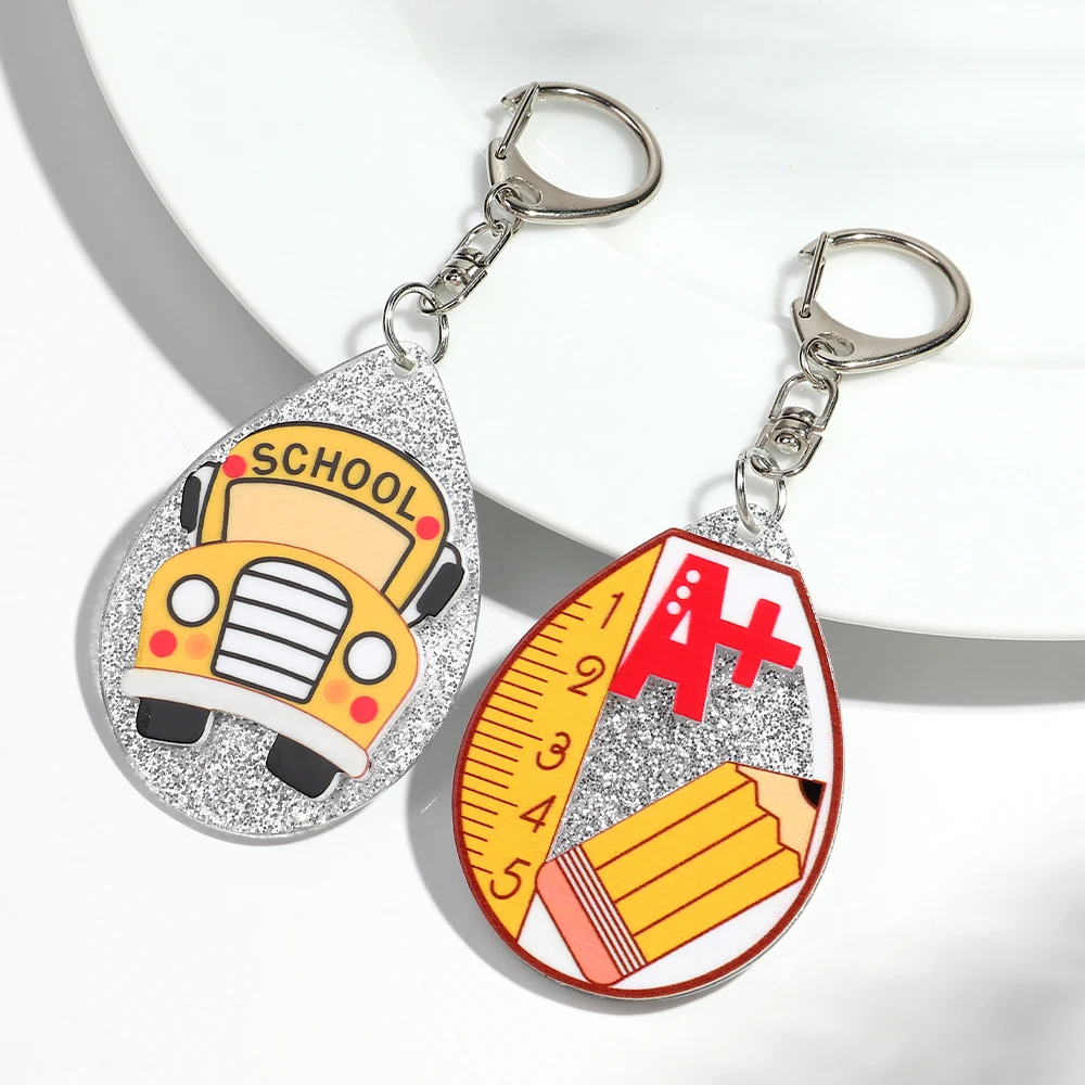 Creative School Bus Pencil Measuring Scale Acrylic Keychain Accessories Package Bicycle Pendant Keychain Jewelry New Year Gift